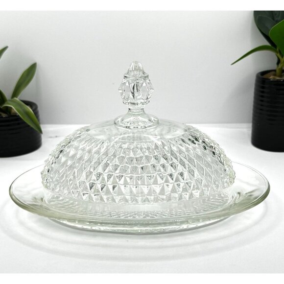 Vintage Indiana Glass Oval Diamond Point Clear Covered Butter Dish - Picture 1 of 8